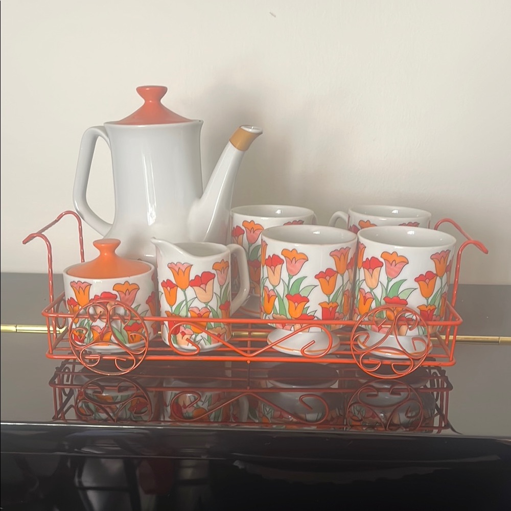 Vintage Floral Tea Set with Orange Accents